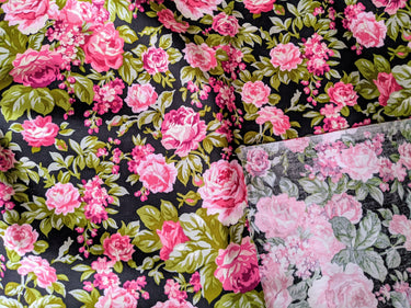 Black And Pink 100 % Cotton Rose Floral Fabric, Floral Print Fabric, Roses Flower Fabric